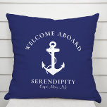 Boat Nautical Anchor Navy Blue Welcome Aboard Cushion<br><div class="desc">A chic modern nautical-themed outdoor pillow for your boat that features a white illustration of an anchor on a dark navy blue background. You can personalise the "Welcome Aboard" text and your boat's name and location.</div>