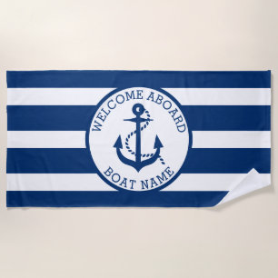 Boat Nautical Anchor Navy Custom Welcome Aboard Beach Towel