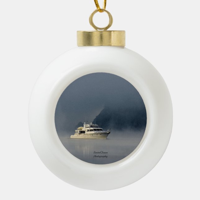 Boat on a Foggy Morning Ceramic Ball Christmas Ornament (Front)