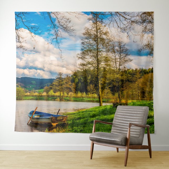 Boat on Lake Mountain Background Cloudy Sky Tapestry (In Situ (Horizontal))