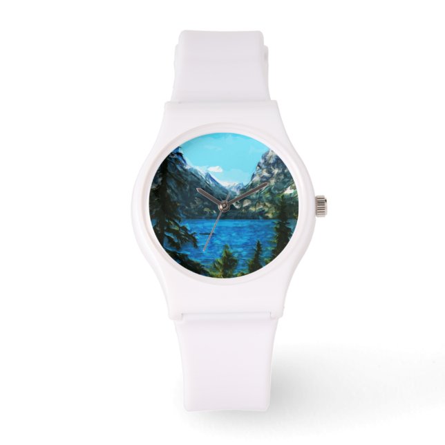 Boat on Mountain Lake Abstract Impressionism Watch (Front)