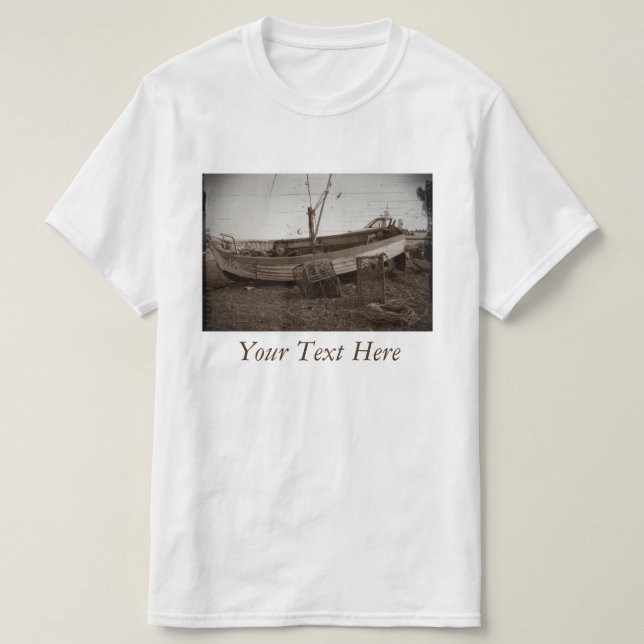 boat on pebble beach lobster pots antiqued photo T-Shirt (Design Front)