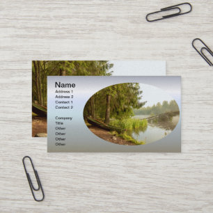 Boat on River Bank of Foggy Forest Business Card