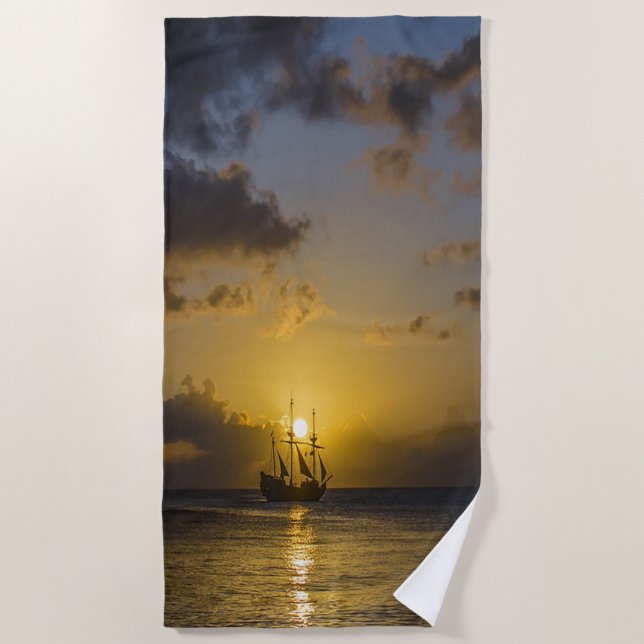 Boat On Sunset Beach Towel (Front)