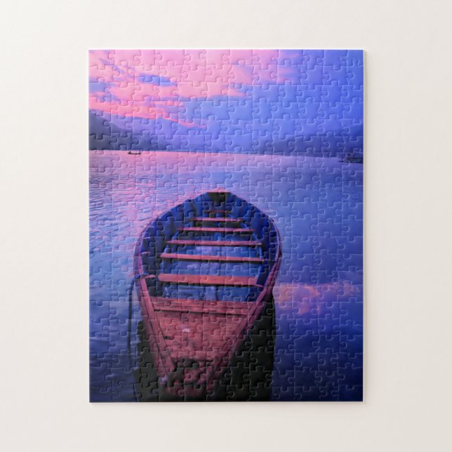 Boat On Tranquil Lake at Sunset Jigsaw Puzzle (Vertical)