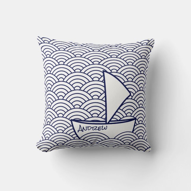 Boat on Waves Throw Pillow (Front)