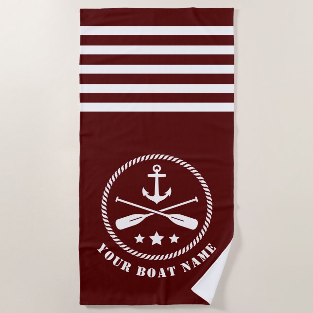 Boat or Name Nautical Anchor & Oars  Paddles Red Beach Towel (Front)