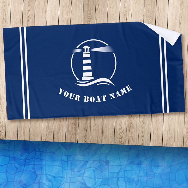 Boat or Name Nautical Classic Lighthouse Navy Blue Beach Towel (Creator Uploaded)