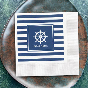 Boat or Name Ships Wheel Helm with Blue Stripes Napkin