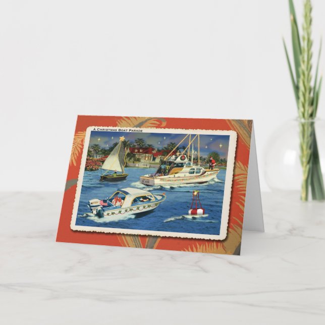 Boat Parade Retro Christmas Card (Front)