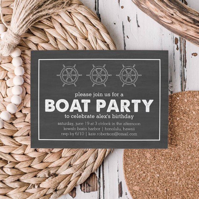 Boat Party Black & White Chalkboard Birthday Invitation (Creator Uploaded)
