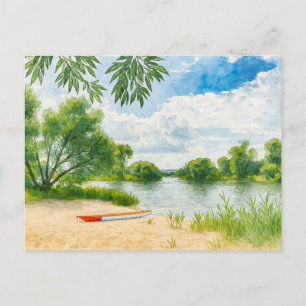 Boat river beach resting place aquarell havelland holiday postcard