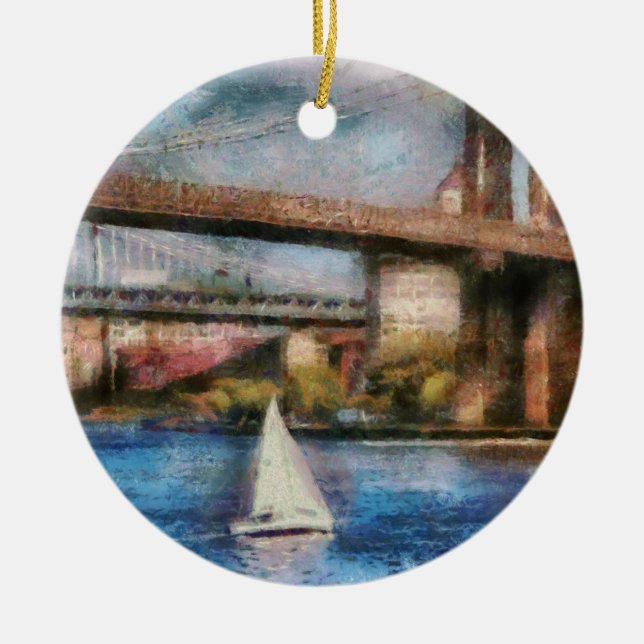 Boat - Sailing under the Brooklyn Bridge Ceramic Tree Decoration (Front)