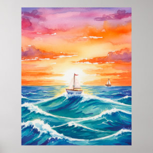 Boat Sunset Ocean Colorful Watercolor Bruno Mars Poster