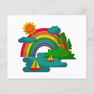 Boat travel landscape under sun clouds and rainbow