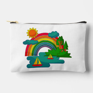 Boat travel landscape under sun clouds and rainbow accessory pouch