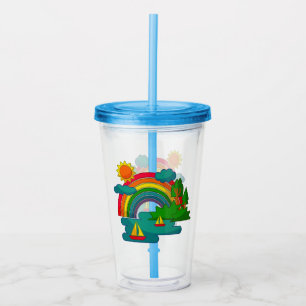 Boat travel landscape under sun clouds and rainbow acrylic tumbler