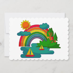 Boat travel landscape under sun clouds and rainbow announcement