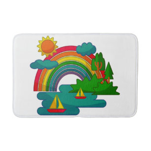 Boat travel landscape under sun clouds and rainbow bath mat