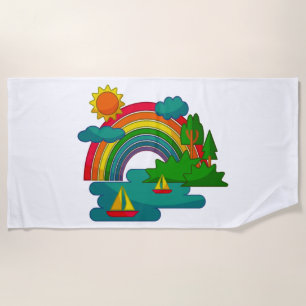 Boat travel landscape under sun clouds and rainbow beach towel