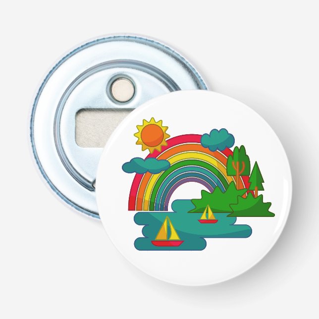 Boat travel landscape under sun clouds and rainbow bottle opener (Front)