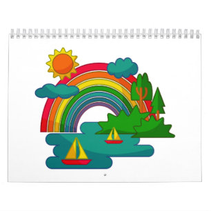 Boat travel landscape under sun clouds and rainbow calendar
