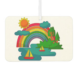 Boat travel landscape under sun clouds and rainbow car air freshener