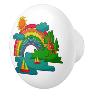 Boat travel landscape under sun clouds and rainbow ceramic knob