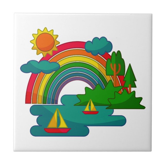 Boat travel landscape under sun clouds and rainbow ceramic tile (Front)