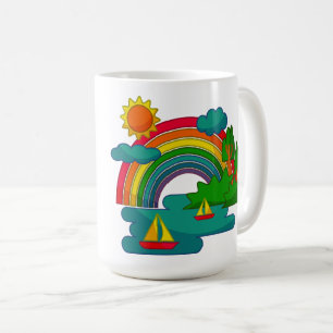 Boat travel landscape under sun clouds and rainbow coffee mug
