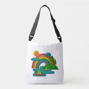 Boat travel landscape under sun clouds and rainbow crossbody bag