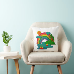Boat travel landscape under sun clouds and rainbow cushion