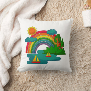 Boat travel landscape under sun clouds and rainbow cushion