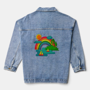 Boat travel landscape under sun clouds and rainbow denim jacket