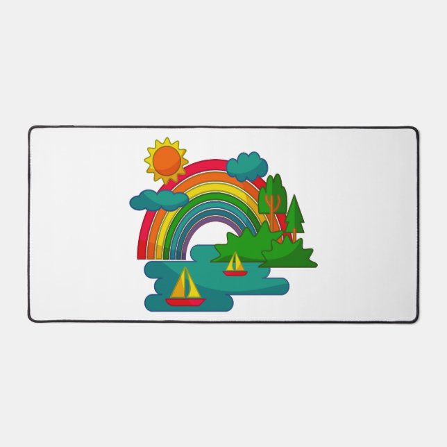 Boat travel landscape under sun clouds and rainbow desk mat (Front)