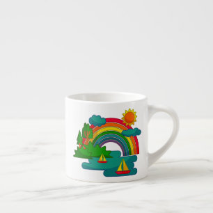 Boat travel landscape under sun clouds and rainbow espresso cup