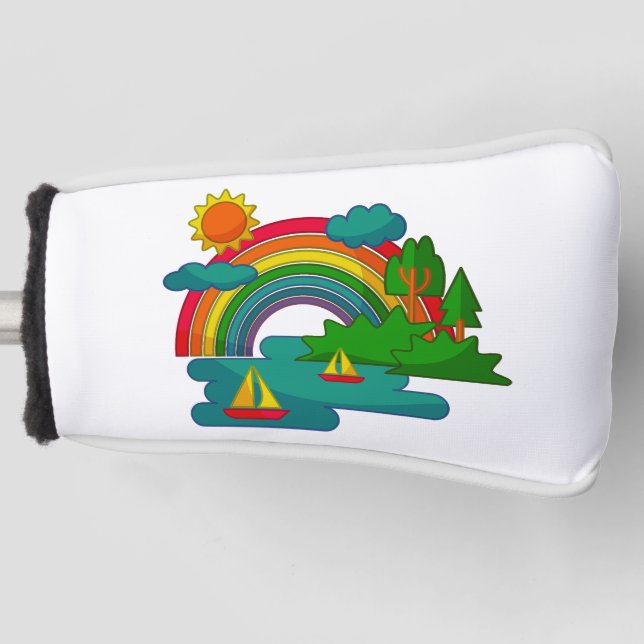 Boat travel landscape under sun clouds and rainbow golf head cover (Front)