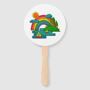 Boat travel landscape under sun clouds and rainbow hand fan