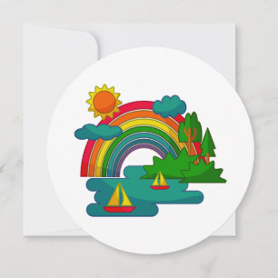 Boat travel landscape under sun clouds and rainbow invitation