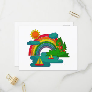 Boat travel landscape under sun clouds and rainbow invitation postcard