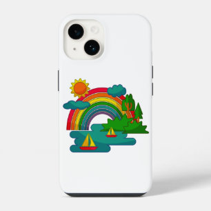 Boat travel landscape under sun clouds and rainbow iPhone 14 case
