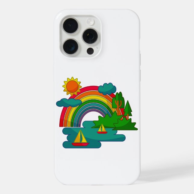 Boat travel landscape under sun clouds and rainbow iPhone case (Back)