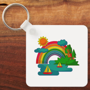 Boat travel landscape under sun clouds and rainbow key ring