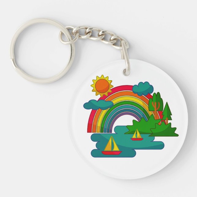 Boat travel landscape under sun clouds and rainbow key ring (Front)