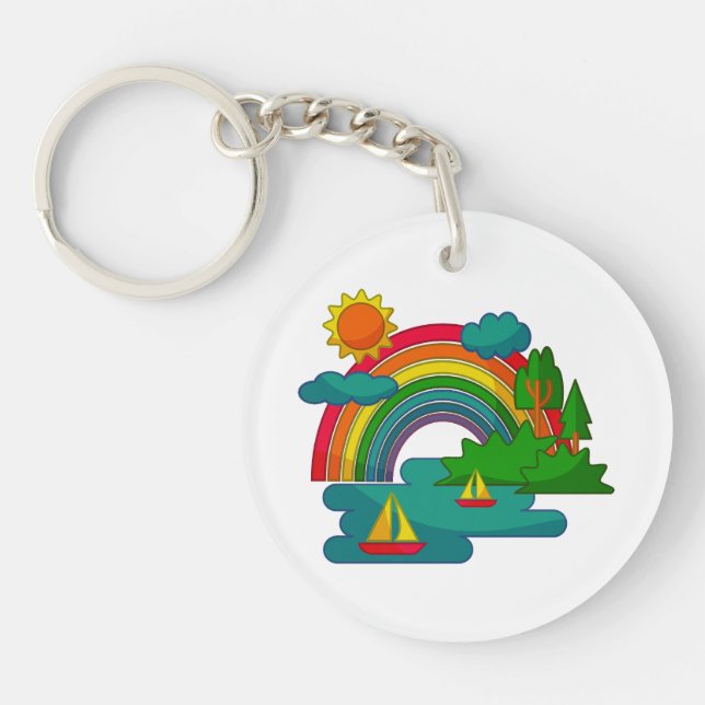 Boat travel landscape under sun clouds and rainbow key ring (Front)