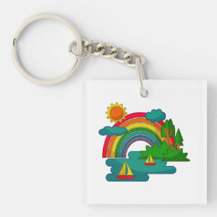 Boat travel landscape under sun clouds and rainbow key ring