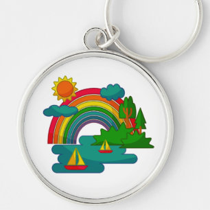 Boat travel landscape under sun clouds and rainbow key ring