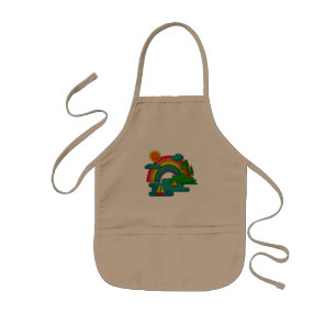 Boat travel landscape under sun clouds and rainbow kids apron