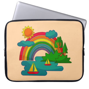 Boat travel landscape under sun clouds and rainbow laptop sleeve