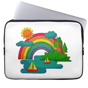 Boat travel landscape under sun clouds and rainbow laptop sleeve